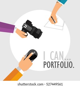 portfolio. flat style. the hand draws, the mouse works, photographs.Hands Holding Photo Camera Photography Flat Design Vector Illustration
