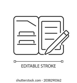 Portfolio folder linear icon. Keeping paper documents safely. Carrying papers, drawings in case. Thin line customizable illustration. Contour symbol. Vector isolated outline drawing. Editable stroke