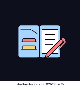 Portfolio folder RGB color icon for dark theme. Keeping paper documents safely. Carrying papers in case. Isolated vector illustration on night mode background. Simple filled line drawing on black