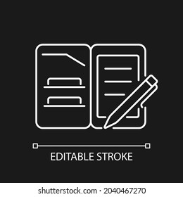 Portfolio folder white linear icon for dark theme. Keeping paper documents safely. Carrying papers. Thin line customizable illustration. Isolated vector contour symbol for night mode. Editable stroke