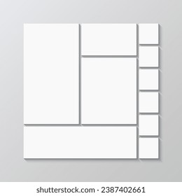 Portfolio gallery layout. Moodboard square banner. Photo collage template. Images mosaic mockup. Mood board picture frame. Scrapbook grid. Album brandboard. Vector illustration