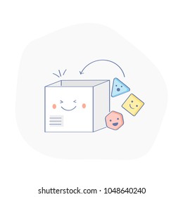 Portfolio, gallery, save interesting useful materials, bookmarks, creatives, share with creativity concept. Put funny cubes, drop in smiley cartoon box, folder. Flat outline vector illustration.