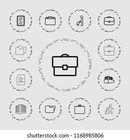 Portfolio icon. collection of 13 portfolio outline icons such as man with luggage, case, folder, documents box, document. editable portfolio icons for web and mobile.