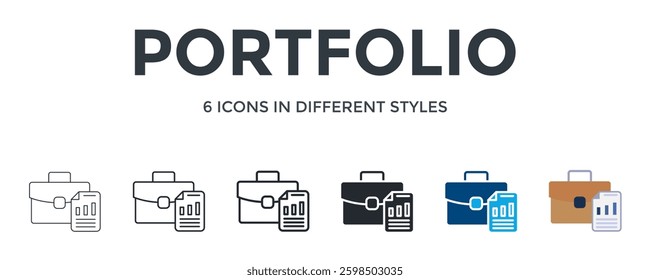 Portfolio Icon In Different Style Vector Illustration. Designed In Thin Line, Regular Line, Bold Line, Glyph, Color Fill, And Flat Style Can Be Used For Web