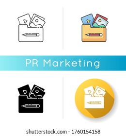Portfolio icon. Images and photos in folder. Multimedia gallery. Project management. Visual document for presentation. Linear black and RGB color styles. Isolated vector illustrations