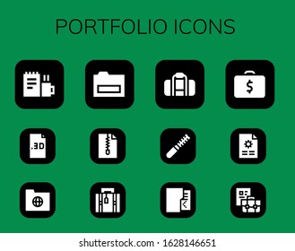 portfolio icon set. 12 filled portfolio icons. Included Work, File, Folder, Luggage, Bag, Briefcase icons