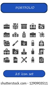  portfolio icon set. 25 filled portfolio icons. Simple modern icons about  - Briefcase, Design, Filing, Folder, Bag, Suitcase, Luggage, File, Reception, Graphic design