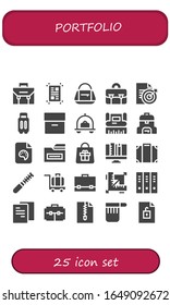 Portfolio-Icon-Set. 25 gefüllte Portfoliosymbole. Einschließlich Gehäuse, Layout, Beutel, Dokument, Koffer, Archiv, Gepäck, Grafikdesign, Datei, Ordner, Design, Ordner-Symbole