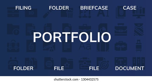 portfolio icon set. 32 filled portfolio icons. on blue background style Simple modern icons about  - Filing, Folder, Briefcase, Case, File, Document, Layout, Typography, Luggage