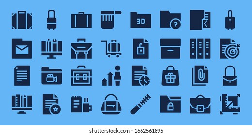 portfolio icon set. 32 filled portfolio icons. Included Luggage, Folder, File, Graphic design, Suitcase, Document, Briefcase, Work, Bag, Development, Archive, Folders, Case icons