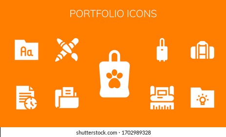 portfolio icon set. 9 filled portfolio icons.  Simple modern icons such as: Bag, Folder, Graphic design, File, Suitcase