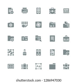 portfolio icon set. Collection of 25 filled portfolio icons included Briefcase, Folder, Typography, Drawers, Binder, Archives, Bag, Graphic designer, Document, Photoshop elements