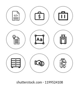 Portfolio icon set. collection of 9 outline portfolio icons with briefcase, drawers, document, investment, luggage, typography icons. editable icons.
