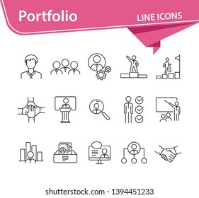 Portfolio icons. Line icons collection on white background. Conference, resume, presentation. Career concept. Vector illustration can be used for topics like business, employment, personal growth