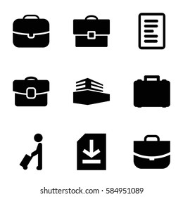 portfolio icons set. Set of 9 portfolio filled icons such as man with luggage, case, documents box, file