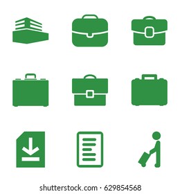 Portfolio icons set. set of 9 portfolio filled icons such as man with luggage, documents box, file, case