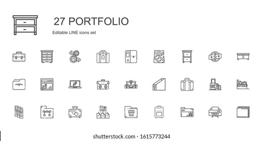 portfolio icons set. Collection of portfolio with folder, suitcase, binder, briefcase, design, layout, drawer, bag, shredder, brand, development. Editable and scalable portfolio icons.