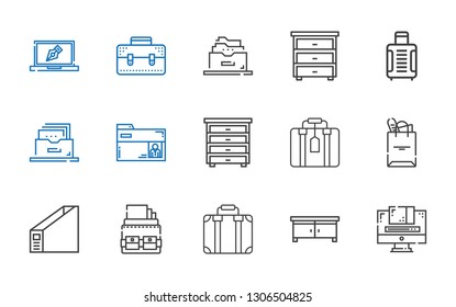 portfolio icons set. Collection of portfolio with graphic design, drawer, suitcase, folder, tote bag, filing cabinet, briefcase, design. Editable and scalable portfolio icons.