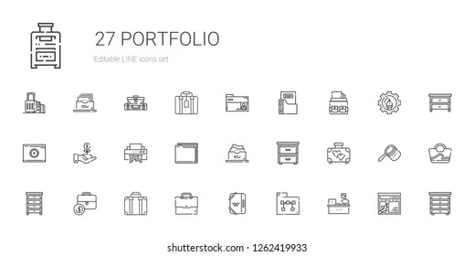 portfolio icons set. Collection of portfolio with working, folder, briefcase, suitcase, drawer, filing cabinet, shredder, investment, layout. Editable and scalable portfolio icons.