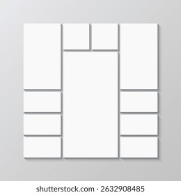 Portfolio images mockup. Mosaic picture frame. Gallery banner. Scrapbook brandboard template. Photo collage square layout. Mood board background. Album moodboard grid. Vector illustration