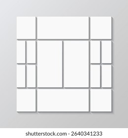 Portfolio images square layout. Photo collage mockup. Mood board background. Gallery banner template. Photo collage square layout. Mosaic moodboard picture frame. Vector illustration