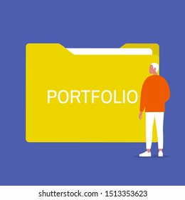Portfolio. Male character standing in front of the folder with documents. Experience. HR. Flat editable vector illustration, clip art