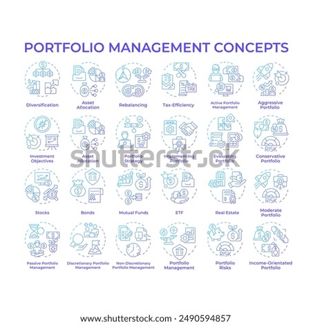 Portfolio management blue gradient concept icons. Asset allocation and management. Tax efficiency. Interest payment. Icon pack. Vector images. Round shape illustrations. Abstract idea
