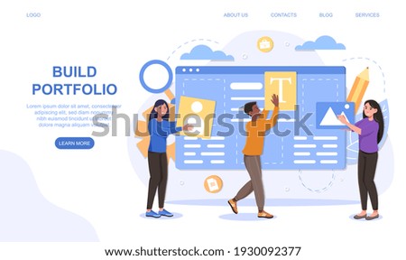Portfolio management concept. Office teamwork and cooperation concept. Online cloud solution. Flat cartoon people vector illustration. website, web page, landing page, ui template.
