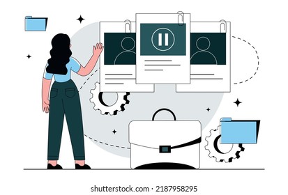 Portfolio Management Concept. Young Girl Select Pictures To Represent Her Profile. Freelancer, Graphic Designer. Preparing For Interview, Candidate For Vacancy. Cartoon Flat Vector Illustration