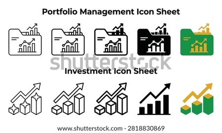 Portfolio management and investment vector icon sheet featuring various finance growth charts graphs and folder symbols in clean minimalist line art and solid bold flat styles