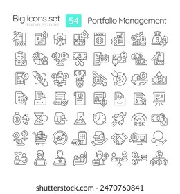 Portfolio management linear icons set. Long term investments. Market condition, return potential. Customizable thin line symbols. Isolated vector outline illustrations. Editable stroke