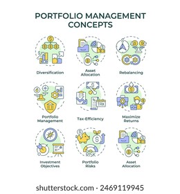 Portfolio management multi color concept icons. Investment allocation, interest payment. Icon pack. Vector images. Round shape illustrations for infographic, presentation. Abstract idea