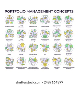 Portfolio management multi color concept icons. Asset allocation and management. Tax efficiency. Interest payment. Return potential. Icon pack. Vector images. Round shape illustrations. Abstract idea