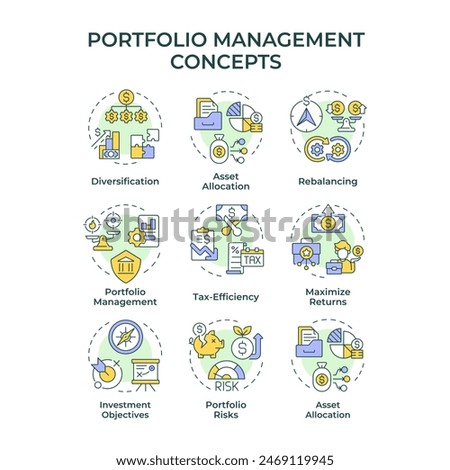 Portfolio management multi color concept icons. Investment allocation, interest payment. Icon pack. Vector images. Round shape illustrations for infographic, presentation. Abstract idea