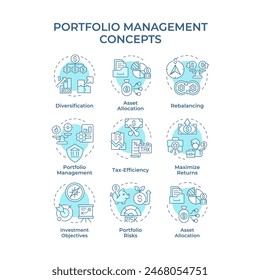 Portfolio management soft blue concept icons. Investment allocation, interest payment. Icon pack. Vector images. Round shape illustrations for infographic, presentation. Abstract idea