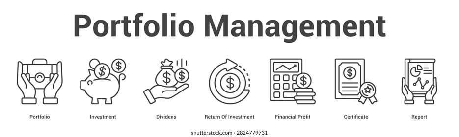 Portfolio Management web banner icon set vector illustration concept for business with icon of Portfolio, Investment, Dividens, Return Of Investment, Financial Prof.