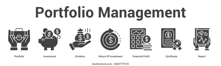 Portfolio Management web banner icon set vector illustration concept for business with icon of Portfolio, Investment, Dividens, Return Of Investment, Financial Prof.
