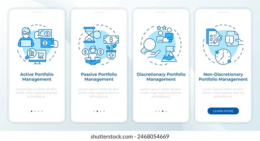 Portfolio organization types blue onboarding mobile app screen. Walkthrough 4 steps editable graphic instructions with linear concepts. UI, UX, GUI template