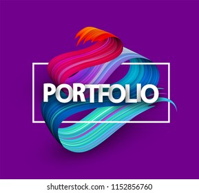 Portfolio poster with white frame and spectrum brush stroke on purple background. Colorful gradient brush design. Vector paper illustration.