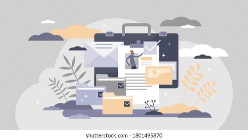 Portfolio with previous work presentation gallery collection tiny persons concept. Folder with job projects as preview of professional freelancer identity vector illustration. Storage as part of CV.