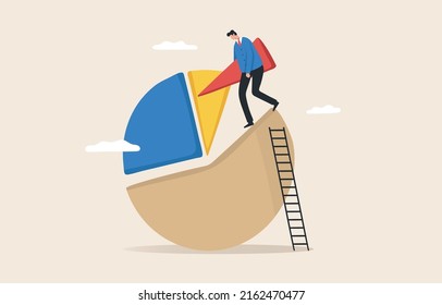 Portfolio Rebalancing or asset allocation. Businessman or investor Stand on the pie chart to balance your investment portfolio according to the economic conditions.