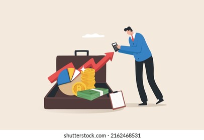 Portfolio rebalancing, Proportion of assets. Portfolio Management. Rebalance investment portfolio in accordance with the economic conditions. Check profit and loss. Businessmen are planning to invest.