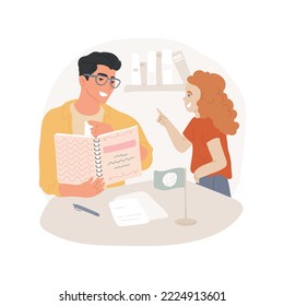 Portfolio review isolated cartoon vector illustration. Elementary student portfolio, child making a creative cover with his name, work collection, teacher reviews achievement vector cartoon.
