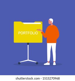 Portfolio Review. Young Male Character Presenting His Experience At Work. HR. Millennial Lifestyle. Flat Editable Vector Illustration, Clip Art