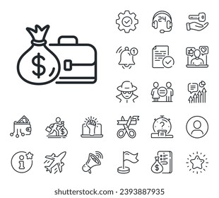 Portfolio and Salary symbol. Salaryman, gender equality and alert bell outline icons. Business case line icon. Diplomat with Money bag sign. Salary line sign. Spy or profile placeholder icon. Vector