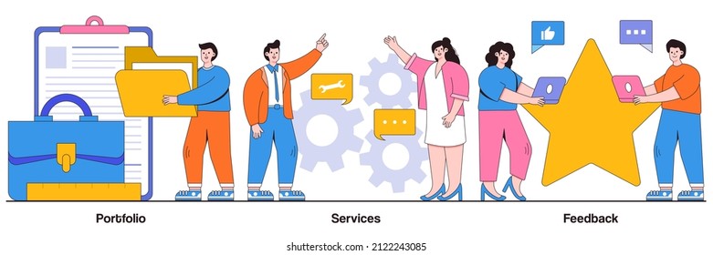 Portfolio, services, feedback concept with people character. Candidate CV, job searching Internet service abstract vector illustration set. Customer review, employee resume metaphor.