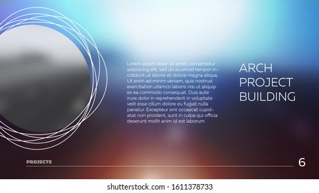Portfolio slide page of vector presentation. Modern minimal design on blur color background. Blue and orange gamma. Technic style with infographic strokes.