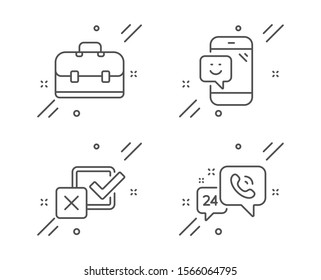 Portfolio, Smile and Checkbox line icons set. 24h service sign. Business case, Phone feedback, Survey choice. Call support. Technology set. Line portfolio outline icon. Vector