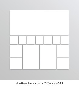 Portfolio square mockup. Moodboard frame. Mosaic pictures template. Photo collage grid. Album brandboard. Retro gallery banner. Vector illustration. Combination background