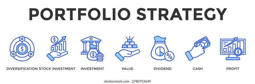 Portfolio Strategy Banner Web Icon Set Collection Pack Vector Illustration Concept Containing Diversification, Stock Investment, Investment, Value, Dividend, Cash, Profit